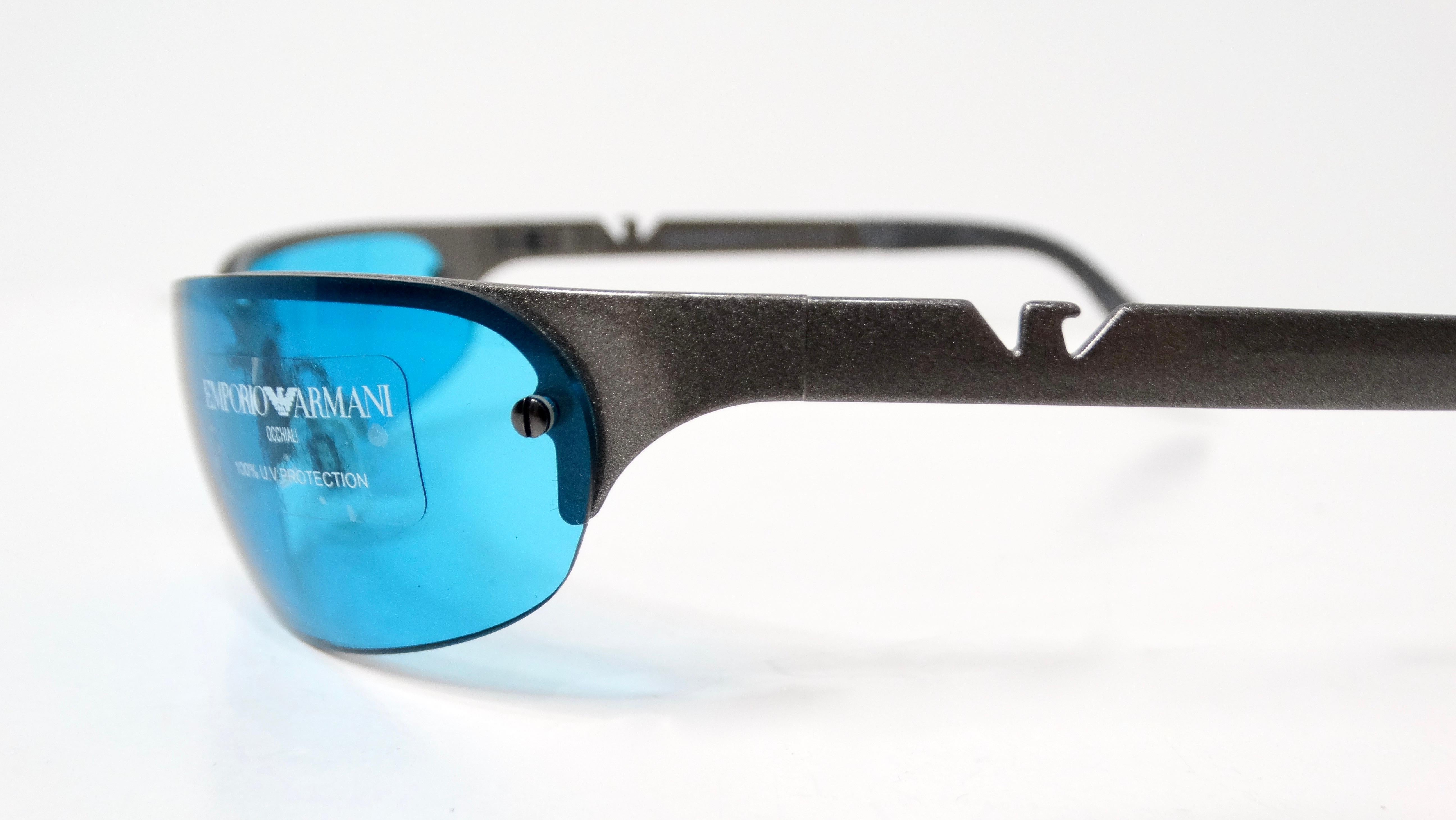 Emporio Armani Y2K 203-S Skinny Blue Tinted Lens Metal Frame Sunglasses In Good Condition For Sale In Scottsdale, AZ
