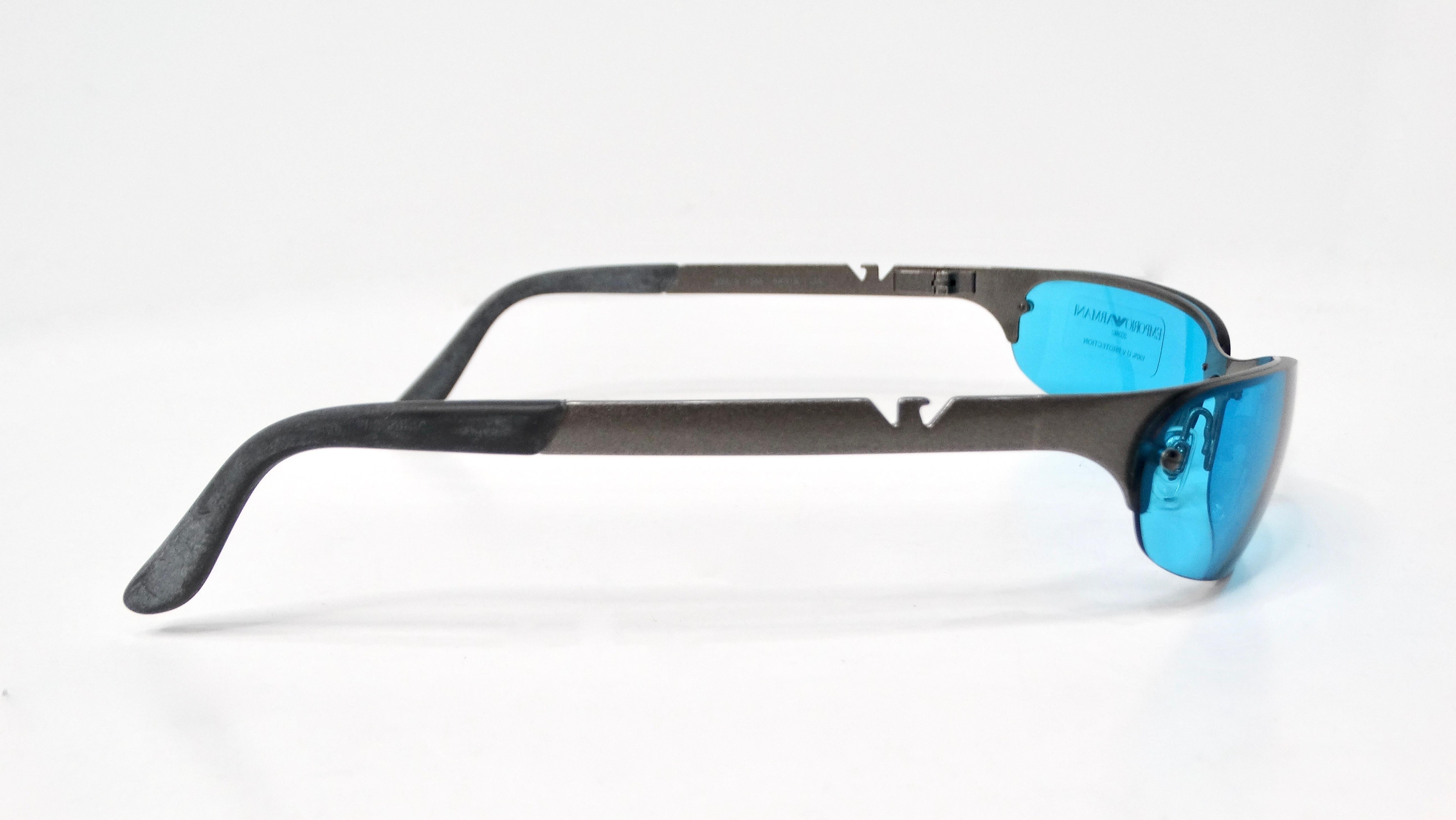 Emporio Armani Y2K 203-S Skinny Blue Tinted Lens Metal Frame Sunglasses For Sale 3