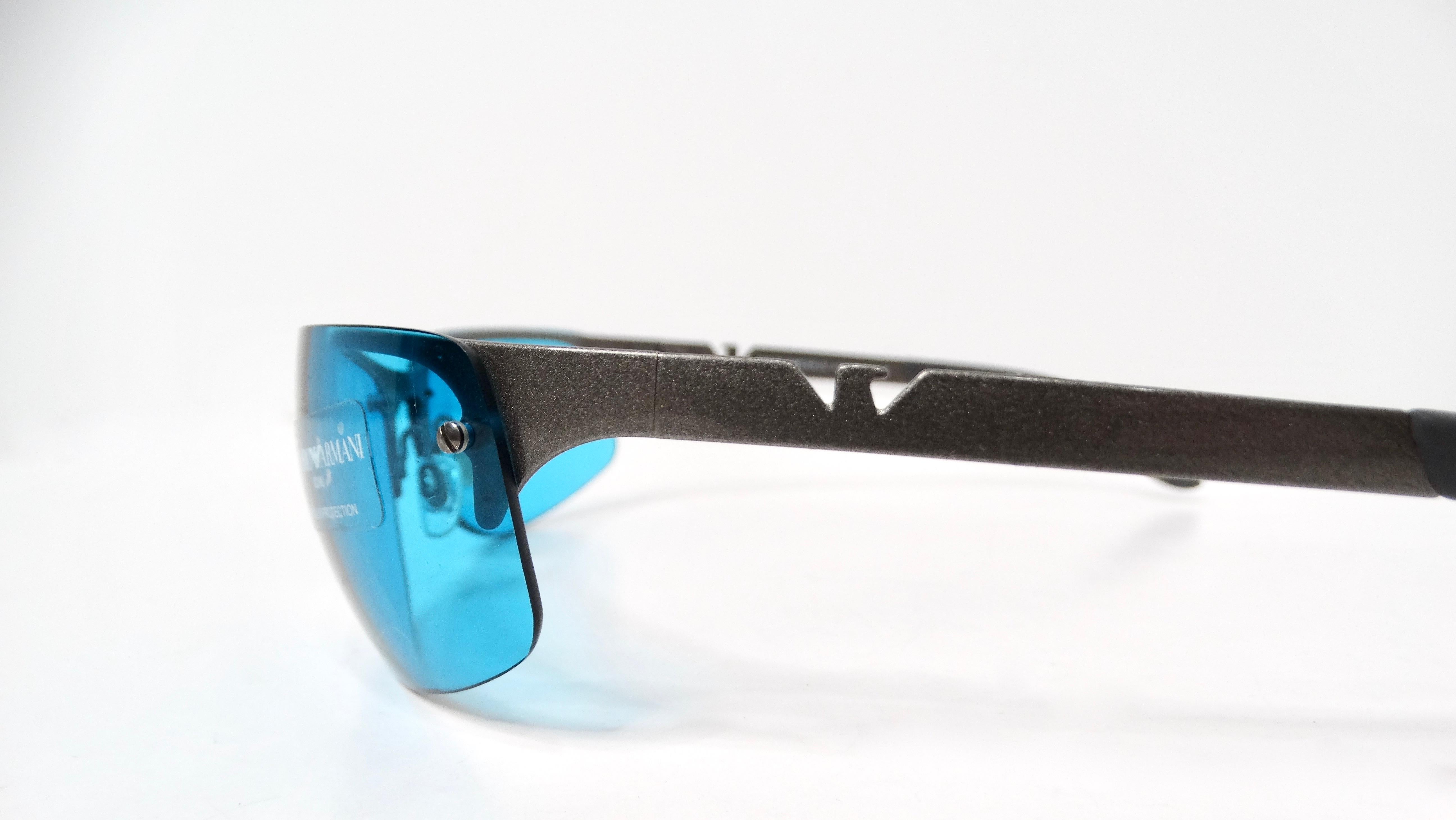 Emporio Armani Y2K 209-S Blue Tinted Lens Metal Frame Shield Sunglasses In Good Condition For Sale In Scottsdale, AZ