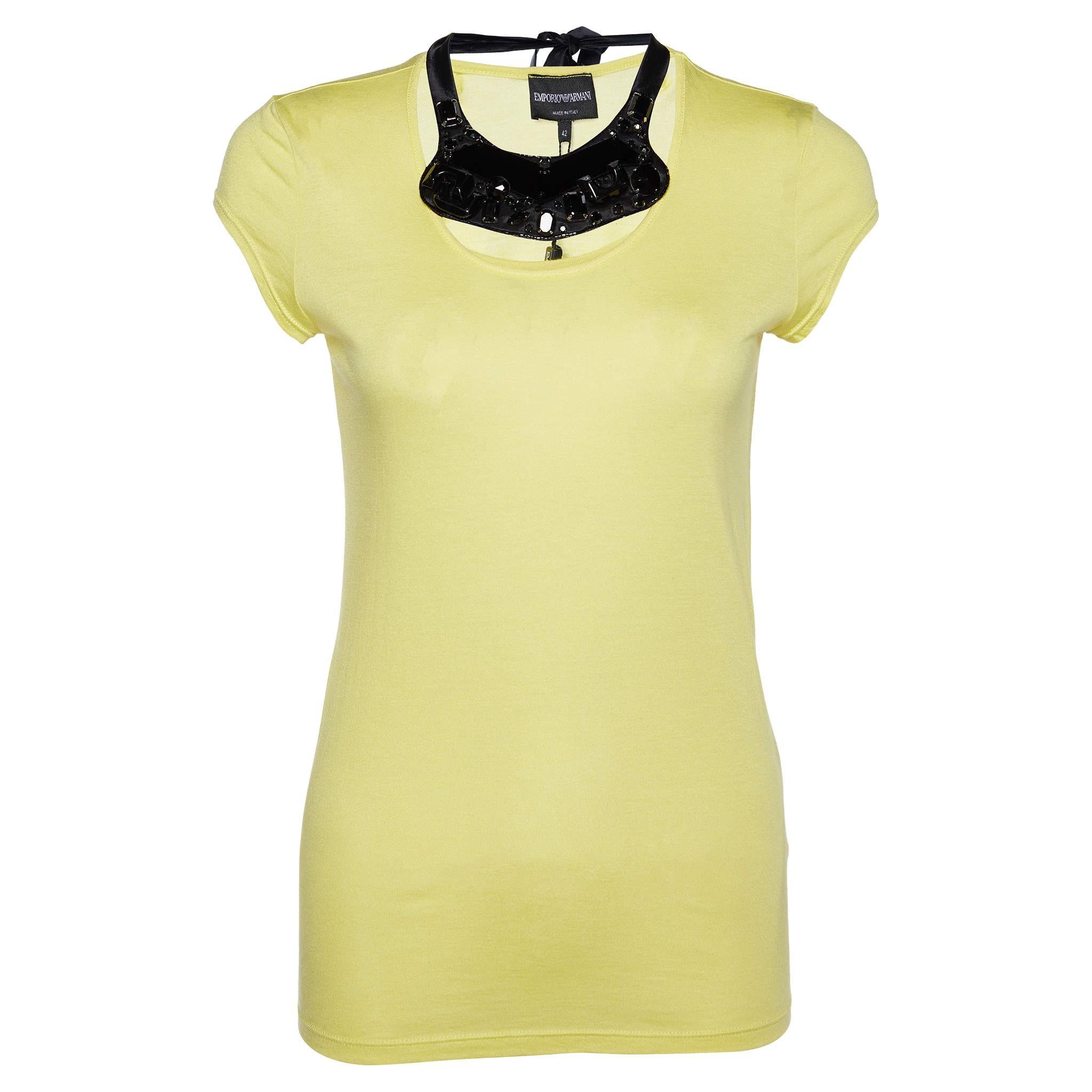 Emporio Armani Yellow Cotton & Modal Embellished Neck Detail T-Shirt M