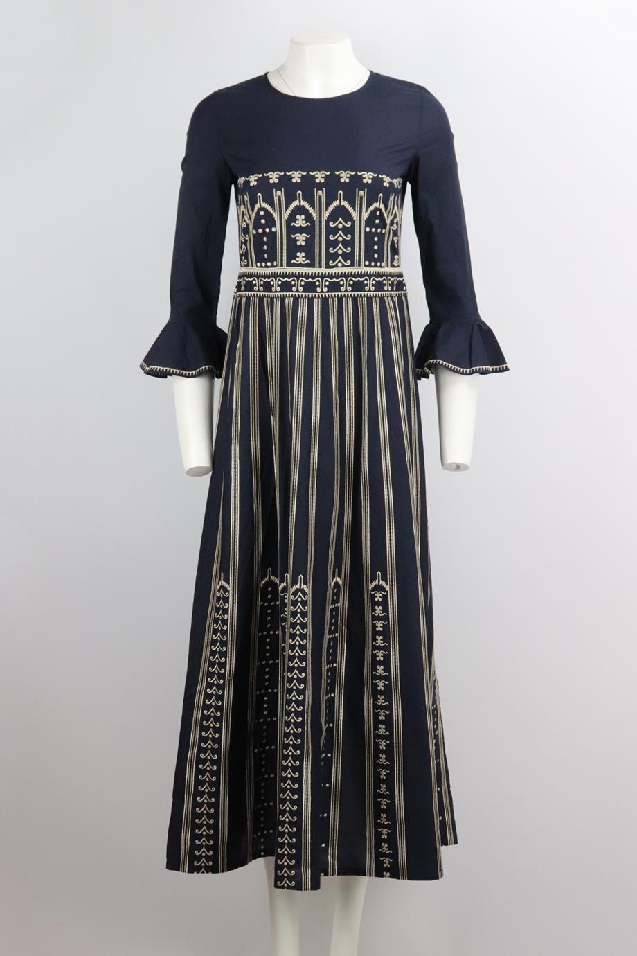 Emporio Sirenuse ruffled embroidered cotton voile maxi dress. Blue and beige. Long sleeve, crewneck. Zip fastening at back. 100% Cotton. Size: IT 38 (UK 6, US 2, FR 34). Bust: 33 in. Waist: 29 in. Hips: 52 in. Length: 52.4 in. Very good condition -