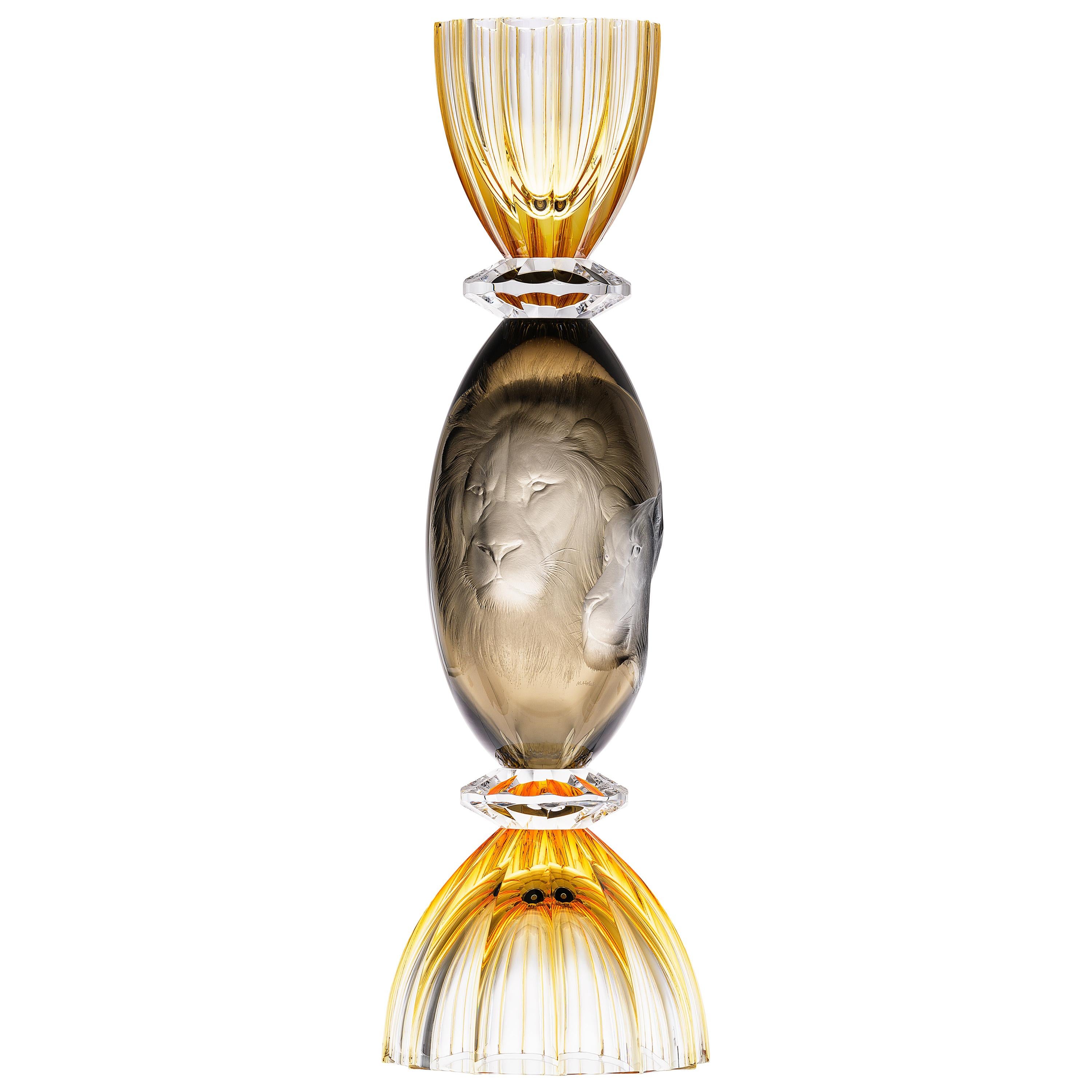 Emporium Crystal Glass Vase Hand Engraved Lions 24-Karat Gold For Sale