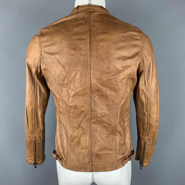 EMPRESA 38 Tan Distressed Leather Zip Up Jacket at 1stDibs | empresa  leather jacket