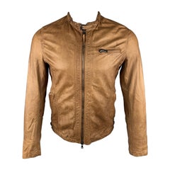 EMPRESA 38 Tan Distressed Leather Zip Up Jacket