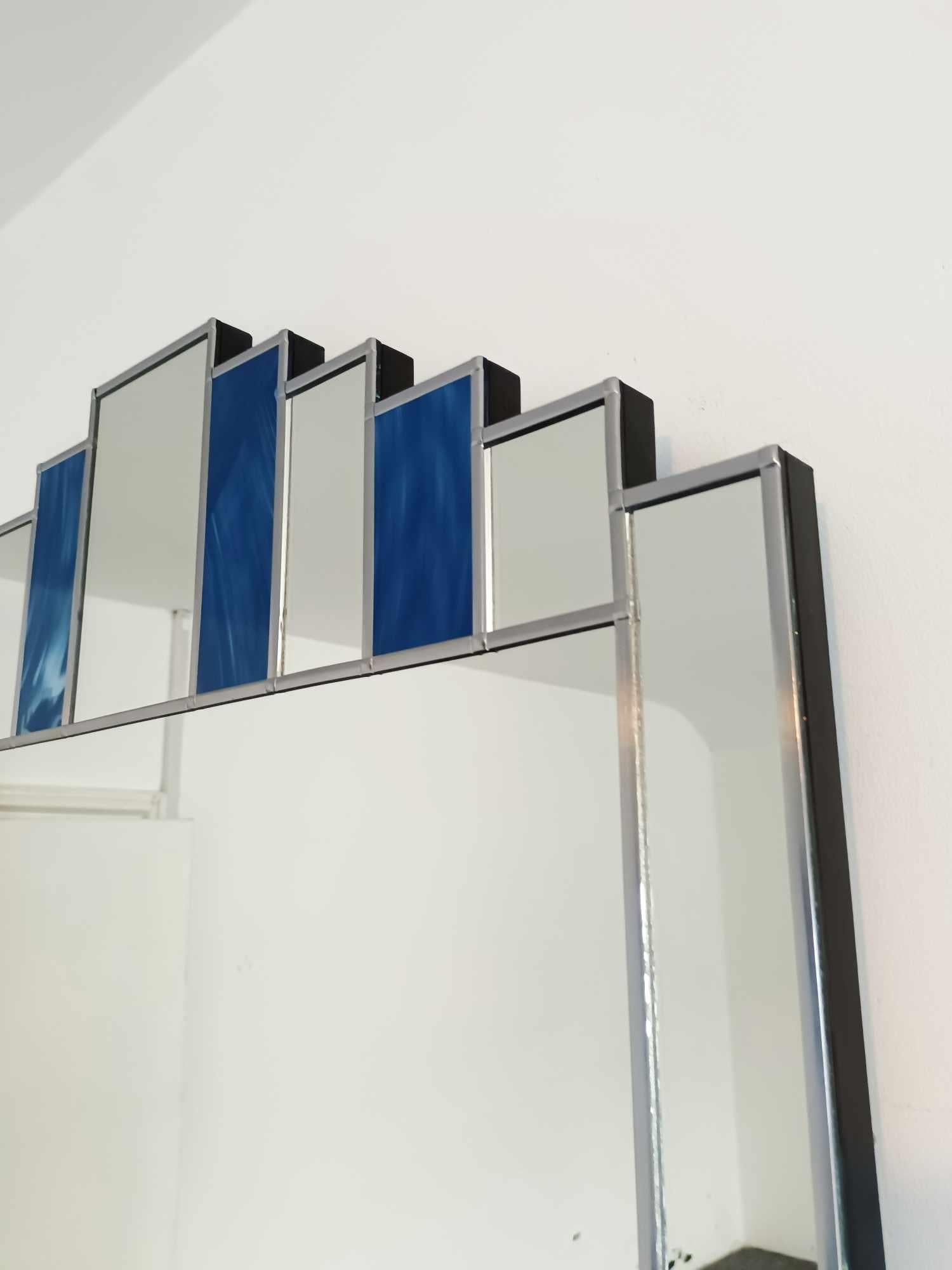 British Empress Art Deco Wall Mirror with Blue Accents in Silver For Sale
