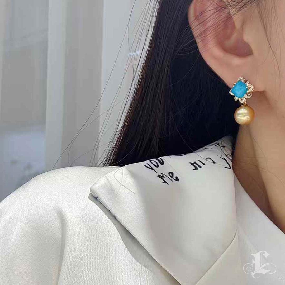 【Caelmare】Empress Turquoise Bloom Convertible Golden South Sea Pearl Earrings For Sale 5
