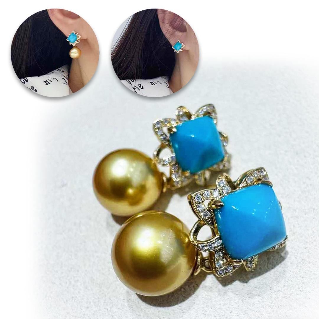 Inspired by imperial elegance and natural radiance, these convertible earrings showcase a delightful harmony of color and form. At the center of each piece lies a vibrant natural turquoise (4.4ct total), cushion-cut and framed by a floral motif of