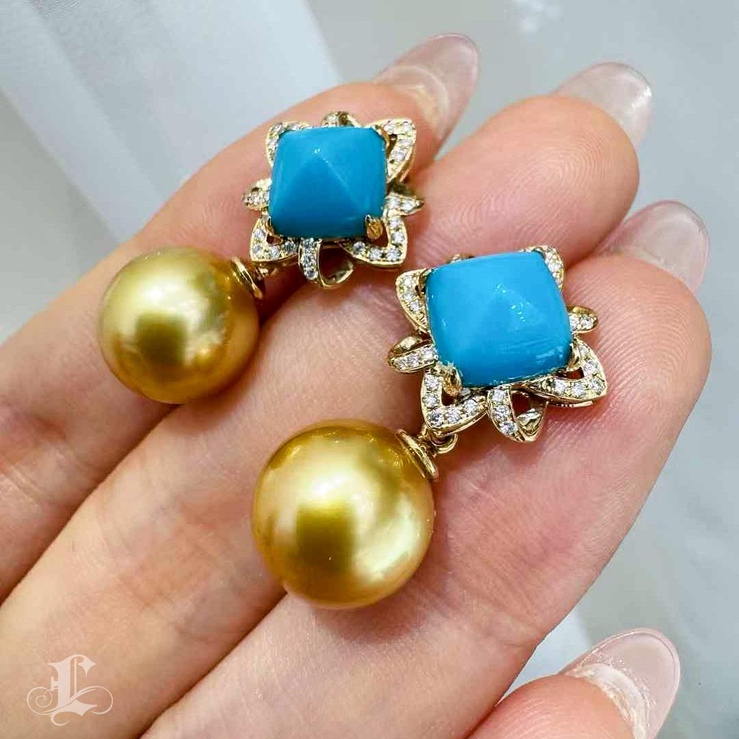 【Caelmare】Empress Turquoise Bloom Convertible Golden South Sea Pearl Earrings In New Condition For Sale In New York, NY