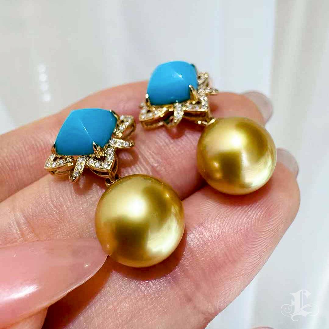 Women's 【Caelmare】Empress Turquoise Bloom Convertible Golden South Sea Pearl Earrings For Sale