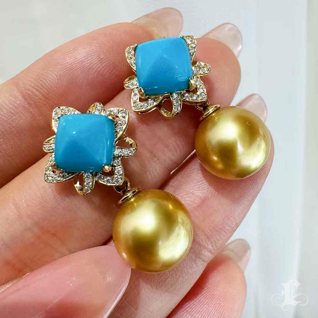 【Caelmare】Empress Turquoise Bloom Convertible Golden South Sea Pearl Earrings For Sale 1