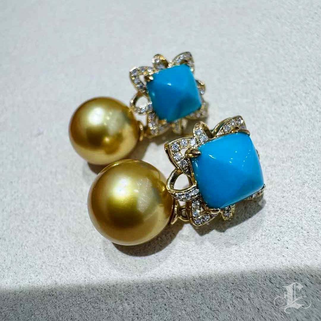 【Caelmare】Empress Turquoise Bloom Convertible Golden South Sea Pearl Earrings For Sale 2