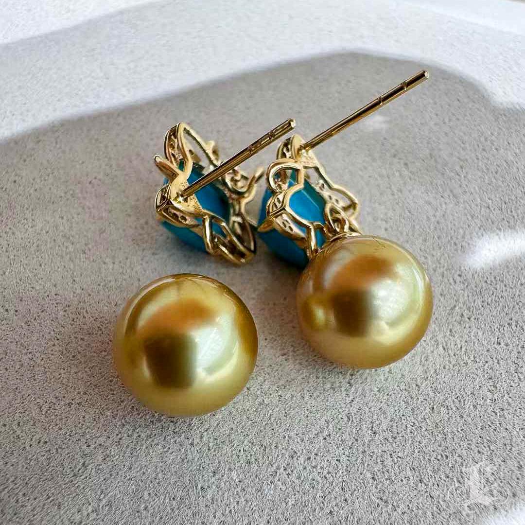 【Caelmare】Empress Turquoise Bloom Convertible Golden South Sea Pearl Earrings For Sale 3