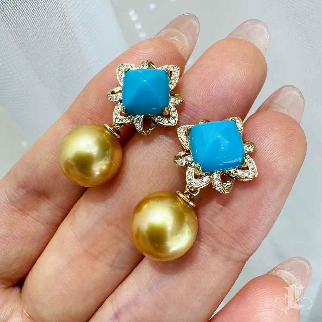 【Caelmare】Empress Turquoise Bloom Convertible Golden South Sea Pearl Earrings For Sale 4