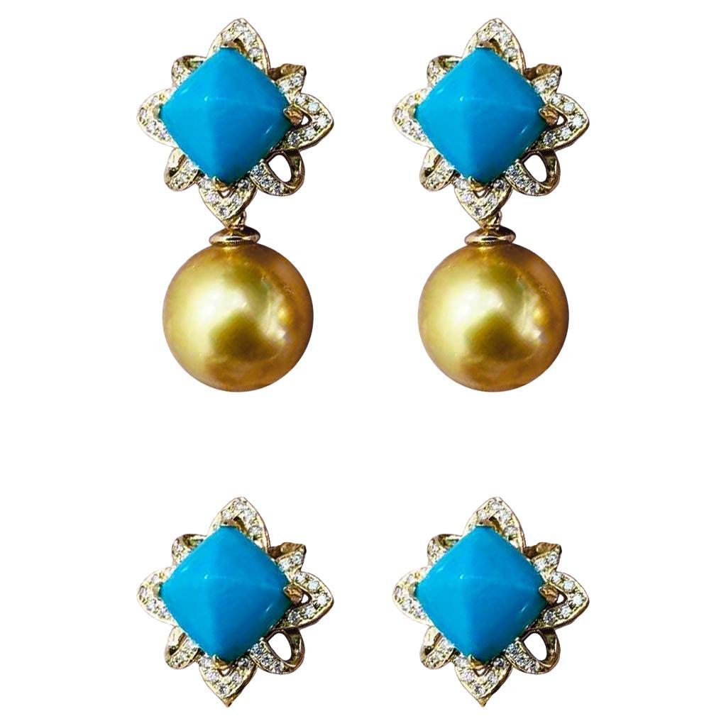 【Caelmare】Empress Turquoise Bloom Convertible Golden South Sea Pearl Earrings