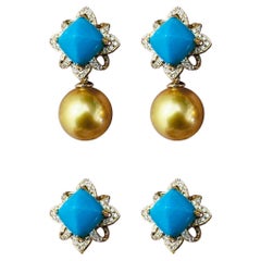 【Caelmare】Empress Turquoise Bloom Convertible Golden South Sea Pearl Earrings