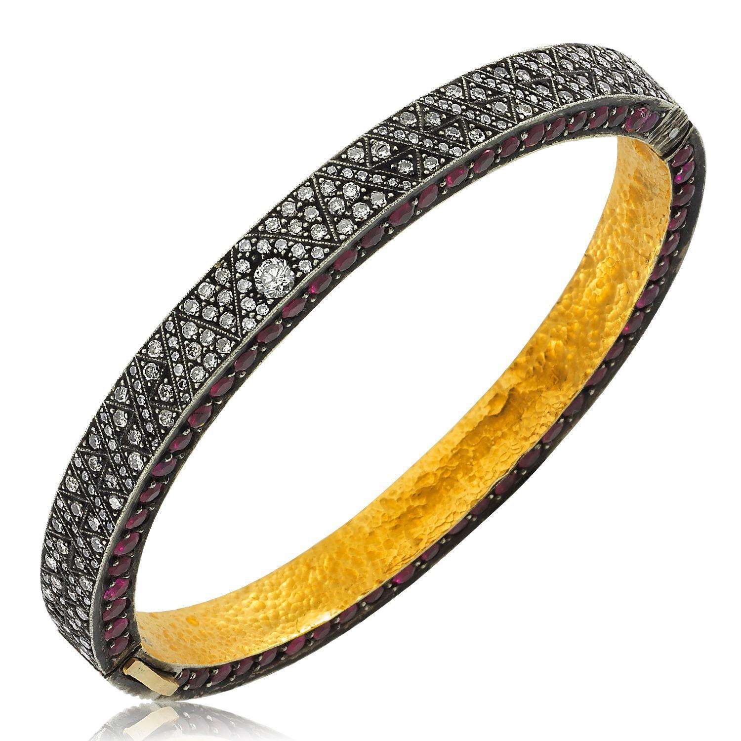 Contemporary Silver and 24k Gold Inside Hammered Bangle with Ruby and Diamond For Sale