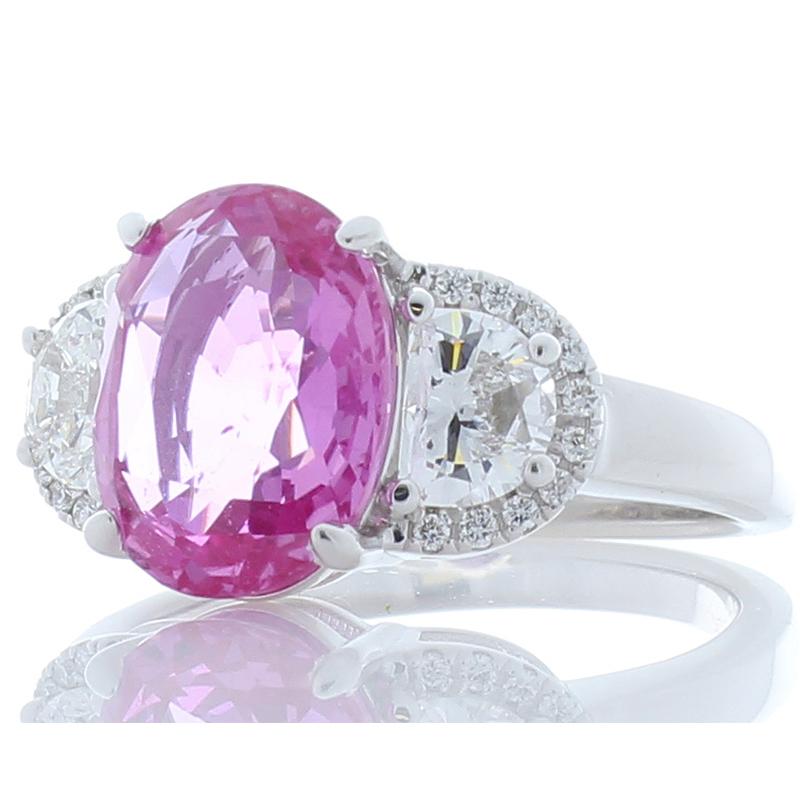 Contemporary Emteem Certified 3.75 Carat Oval Pink Sapphire & Diamond Cocktail Ring In 18K