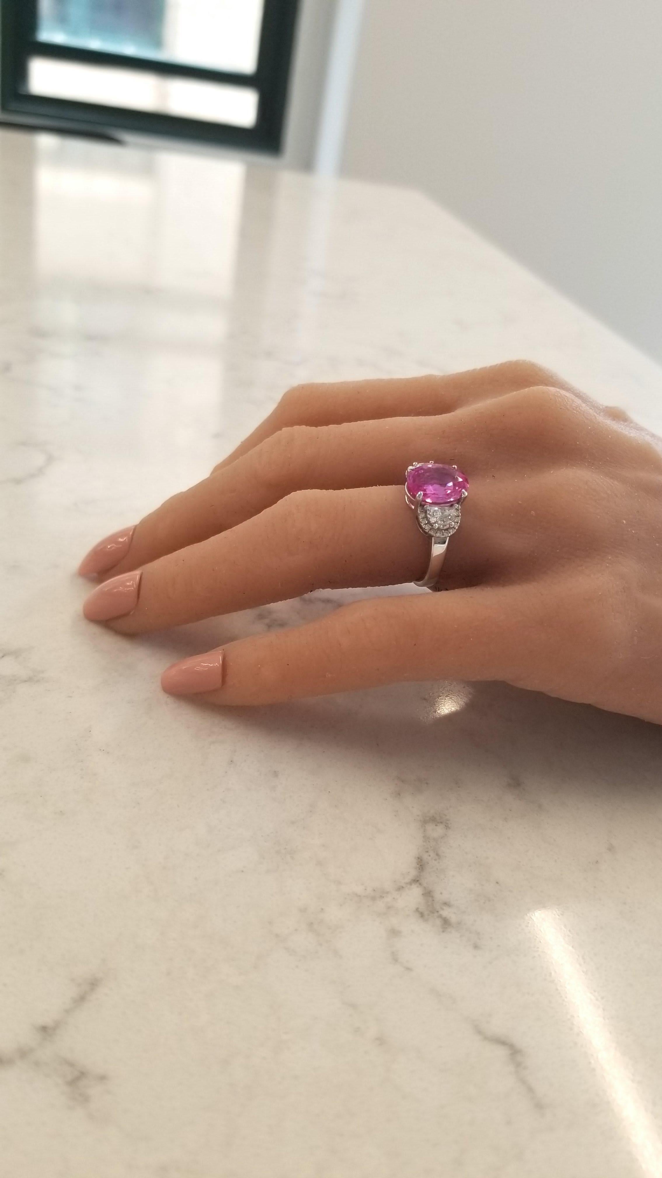 Oval Cut Emteem Certified 3.75 Carat Oval Pink Sapphire & Diamond Cocktail Ring In 18K