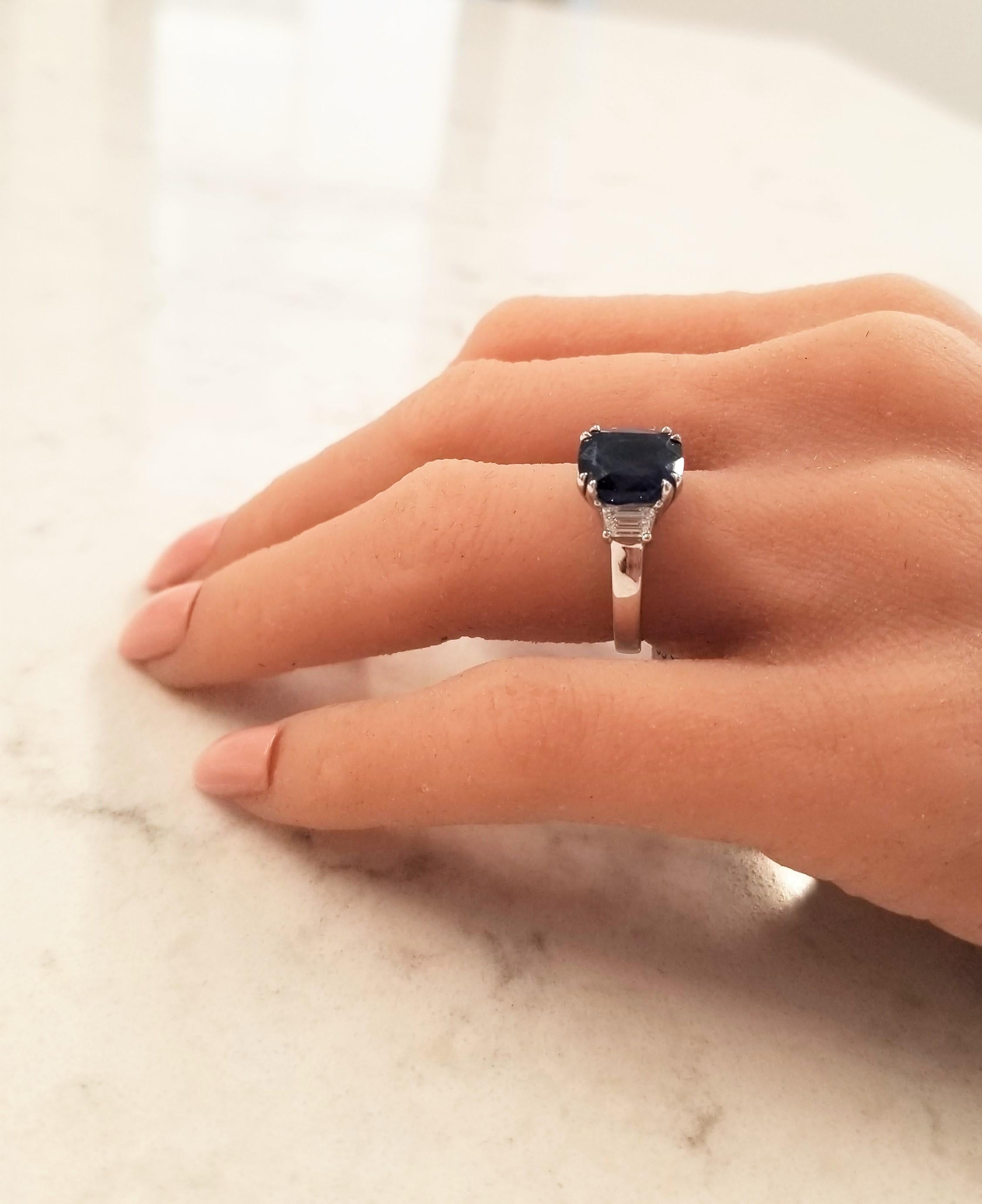 Emteem Certified 5.60 Carat Cushion Cut Blue Sapphire and Diamond Cocktail Ring In New Condition In Chicago, IL
