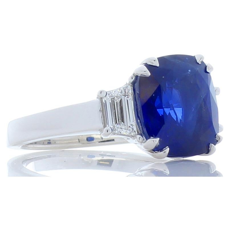 Contemporary Emteem Certified 5.60 Carat Cushion Cut Blue Sapphire and Diamond Cocktail Ring