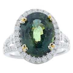 Emteem Lab Certified 6.12 Carat Oval Green Sapphire and Diamond Cocktail Ring