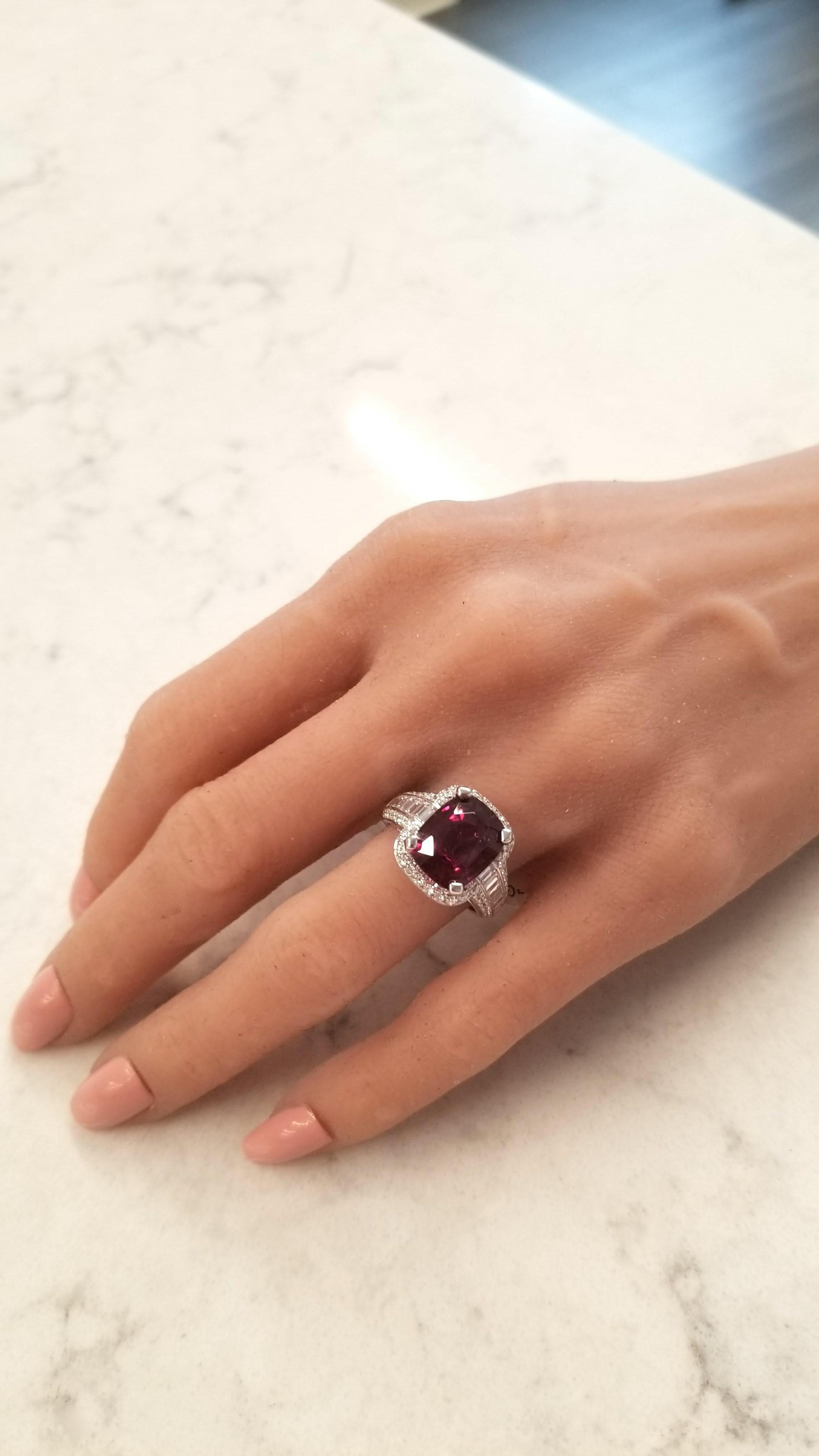 Emteem Lab Certified 6.47 Carat Cushion Cut Red Garnet and Diamond Cocktail Ring 1