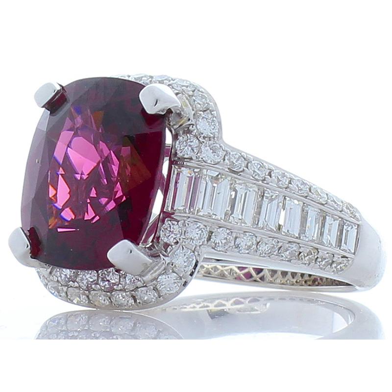 Contemporary Emteem Lab Certified 6.47 Carat Cushion Cut Red Garnet and Diamond Cocktail Ring