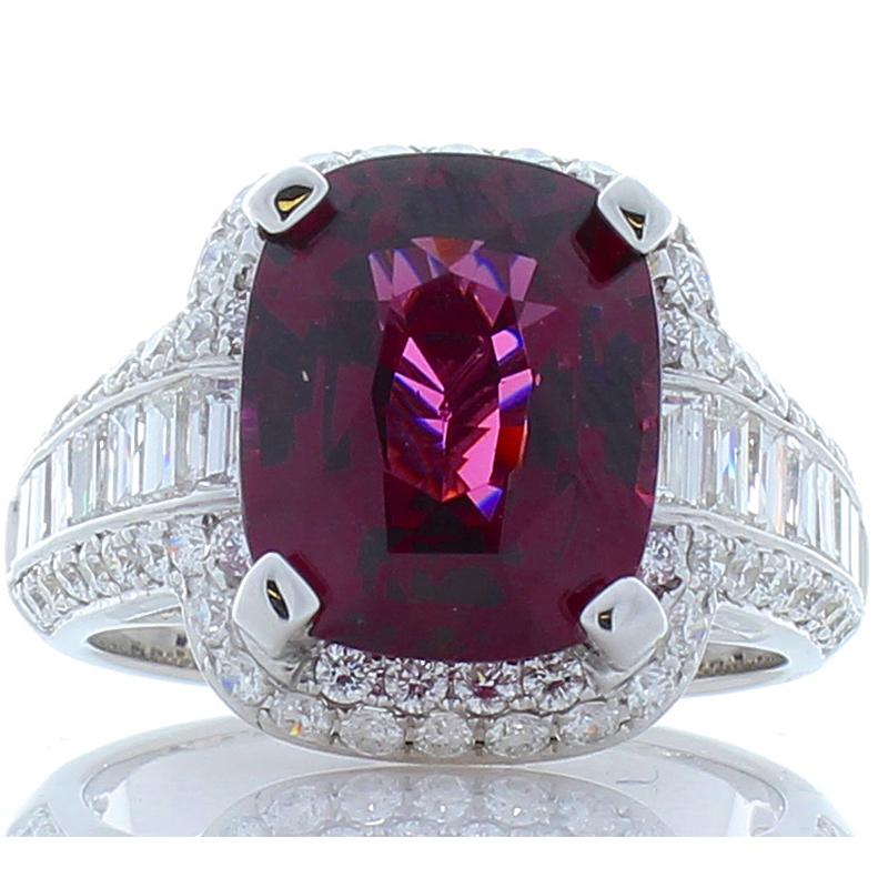 Emteem Lab Certified 6.47 Carat Cushion Cut Red Garnet and Diamond Cocktail Ring In New Condition In Chicago, IL