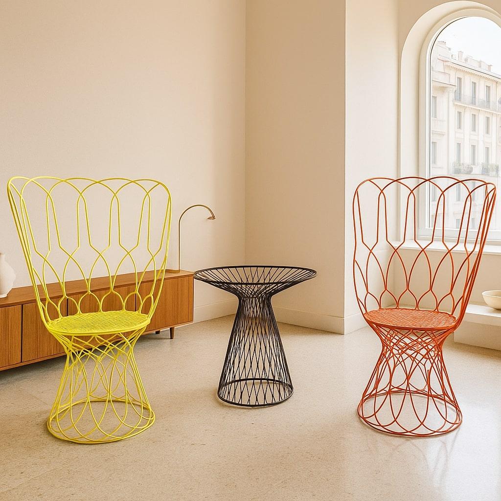 Discover the allure of Italian design with the Re-trouvé Collection by Patricia Urquiola. Crafted in Italy with meticulous attention to detail, this collection balances bold color with refined lines. The vibrant yellow and orange armchairs bring