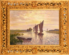 Post-Impressionist Oil Painting of Boats on Water, 50.5x70 cm