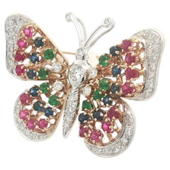 En Tremblant 14k Gold Ruby Sapphire Emerald Diamond Large Butterfly Pin Brooch