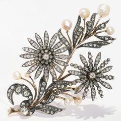 En Tremblant Mid-Victorian Natural Saltwater Pearl and Diamond Trembler Brooch