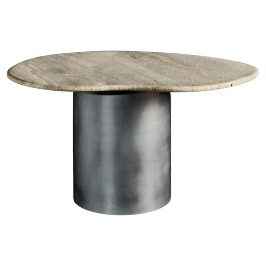 Ena Honed Travertine Dining Table with Brushed Aluminum or Brass Base For Sale