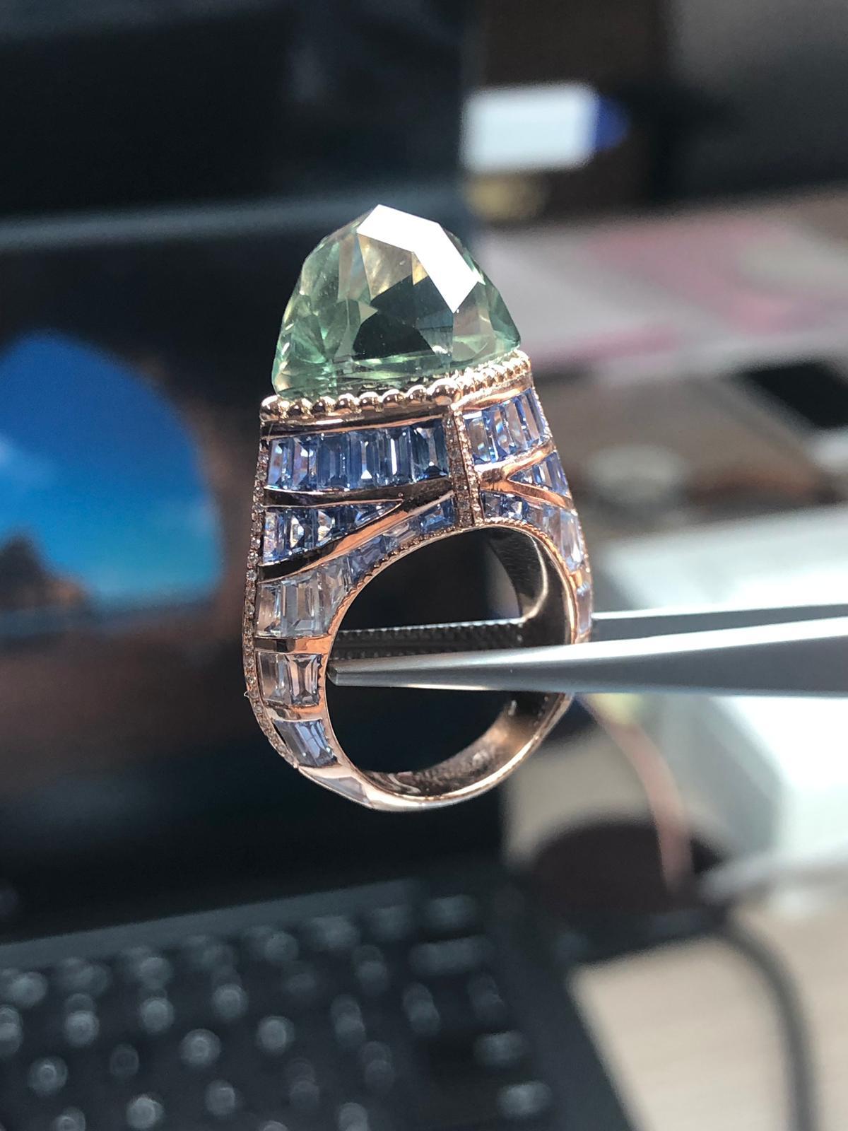 Cabochon Enairo 18k Gold Blue Sapphire green Amethyst Diamond Cocktail Ring For Sale