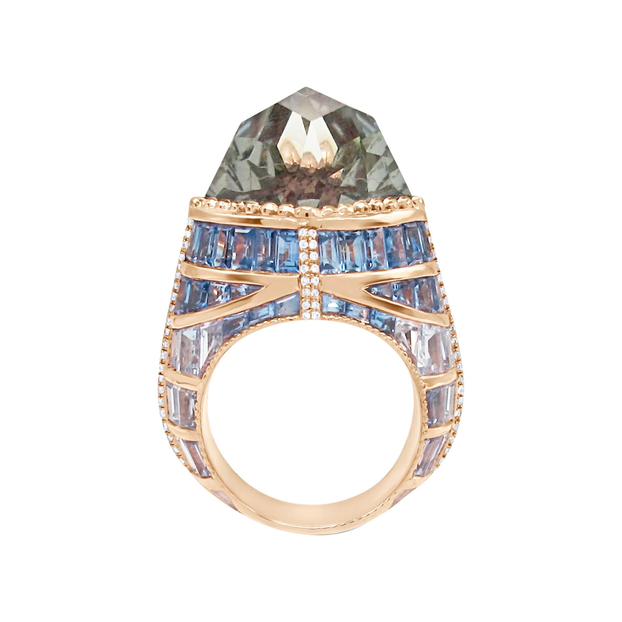 Enairo 18k Gold Blue Sapphire green Amethyst Diamond Cocktail Ring For Sale