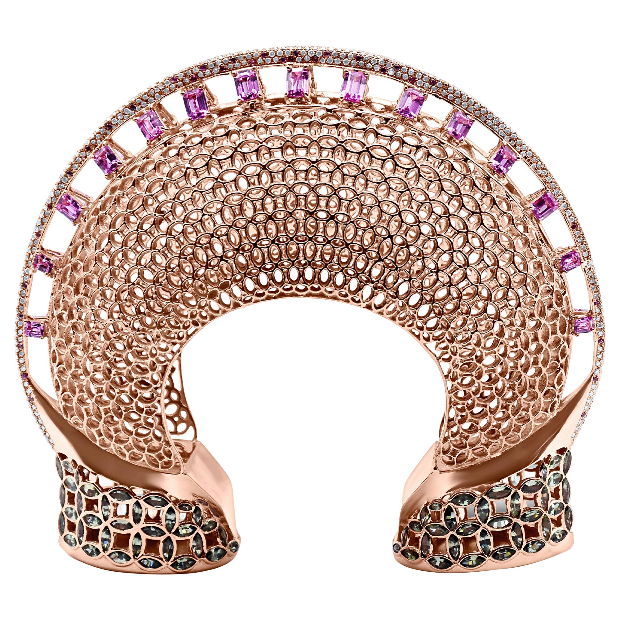 Enairo 18k Rose Gold Pink Sapphires Tourmaline Diamond Cuff Bracelet