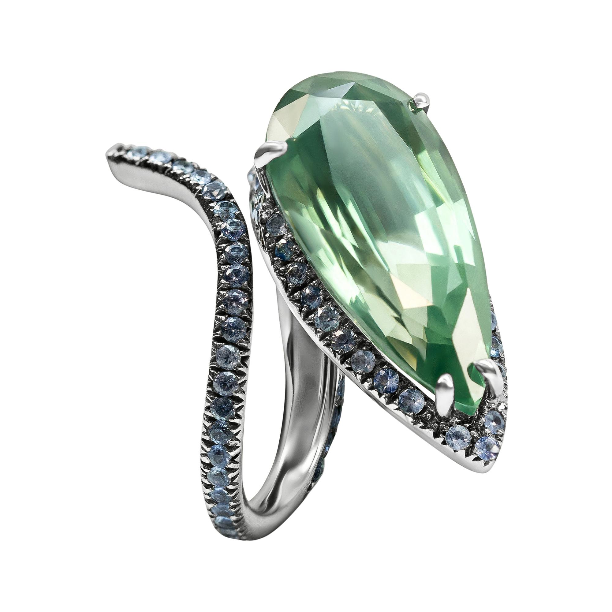 9.92 Carat Pear Green Apatite 2.11 Carat Blue Sapphire Cocktail Ring For Sale