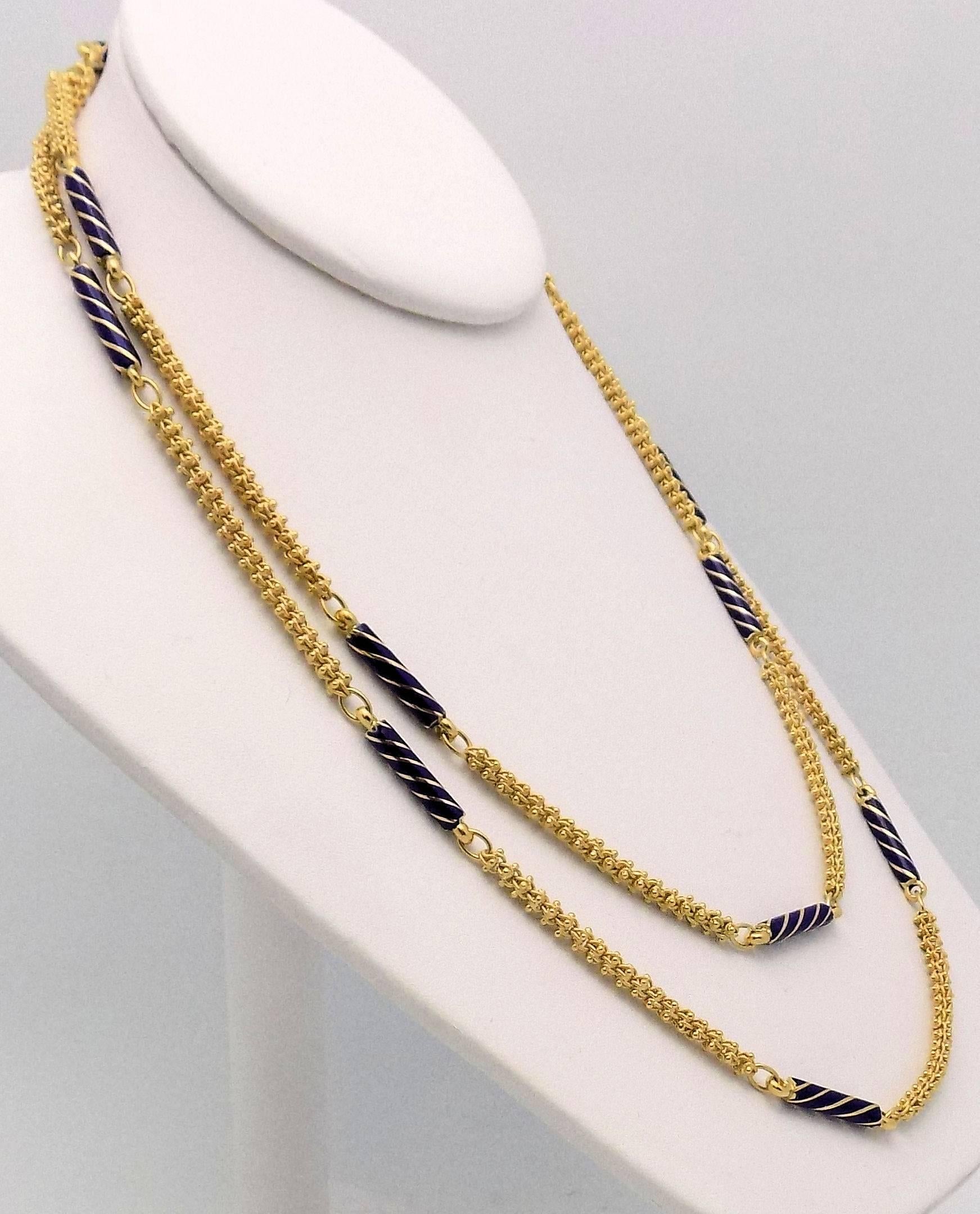 18 Karat Yellow Gold Necklace with Etruscan Link Chain & 12 Cobalt Blue Enamel Rod Shape Beads with Gold Swirls (Minor Enamel Losses), 39