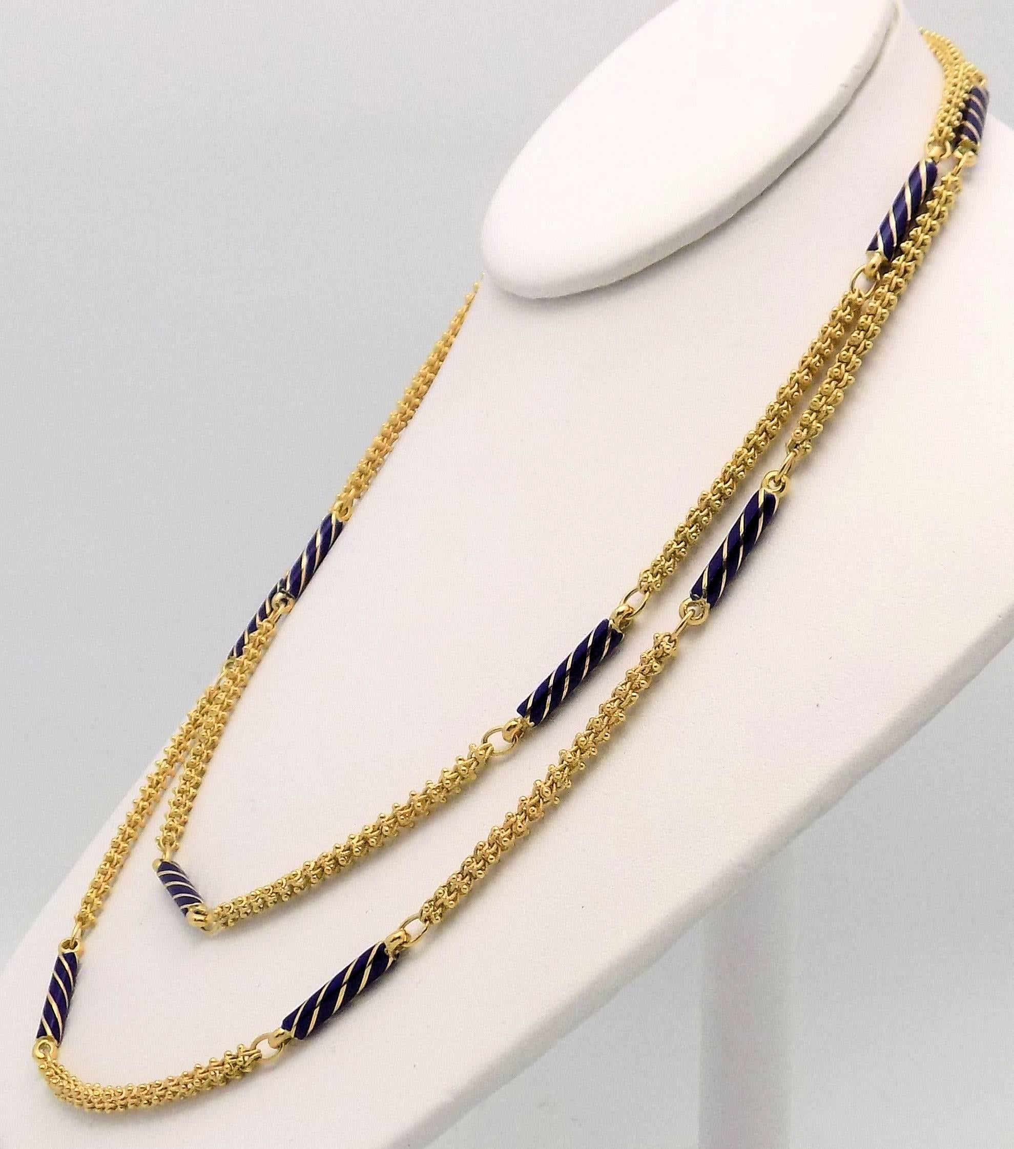 Enamel and 18 Karat Yellow Gold Etruscan Link Necklace In Good Condition For Sale In Dallas, TX