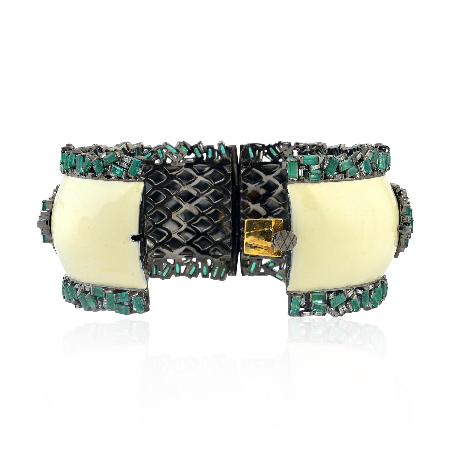 Artisan  13.45 Carat Emerald Diamond Enamel Bracelet Cuff For Sale