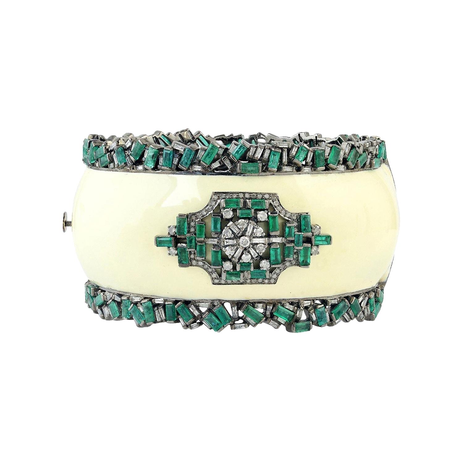  13.45 Carat Emerald Diamond Enamel Bracelet Cuff