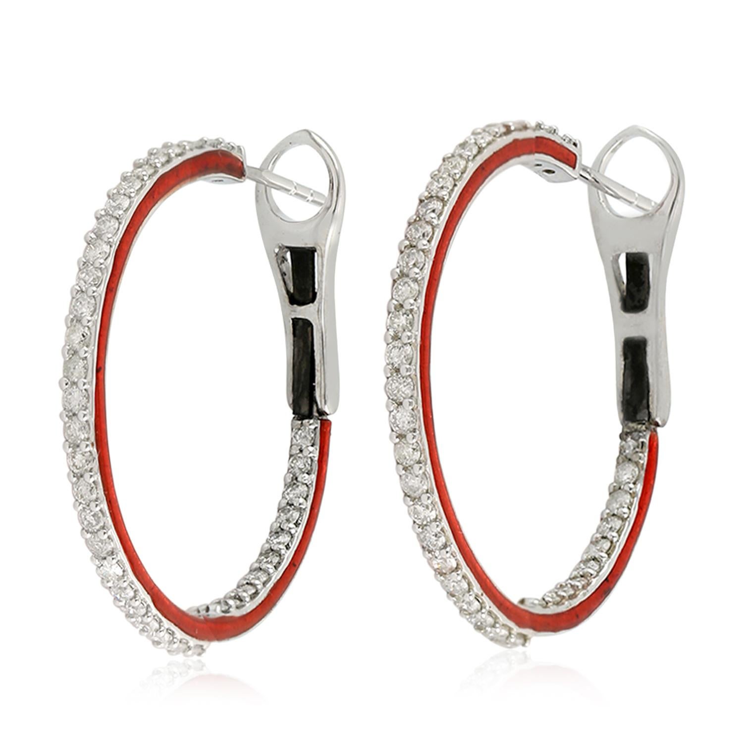 Contemporary Inside Out Hoop Diamond Enamel 14 Karat Gold Earrings For Sale
