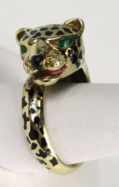 14K Gold Enamel Leopard Head Wrap Ring by Designer HM, Size 6.75