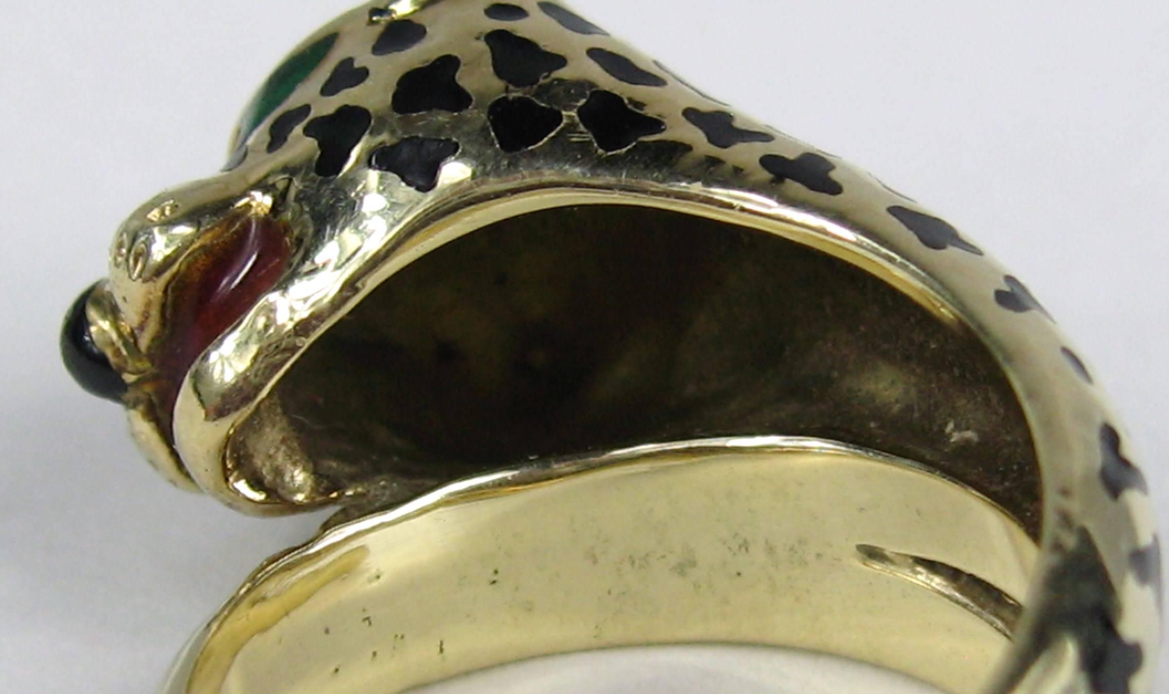 Enamel 14 Karat Gold Leopard Head Wrap Ring In Good Condition For Sale In Wallkill, NY