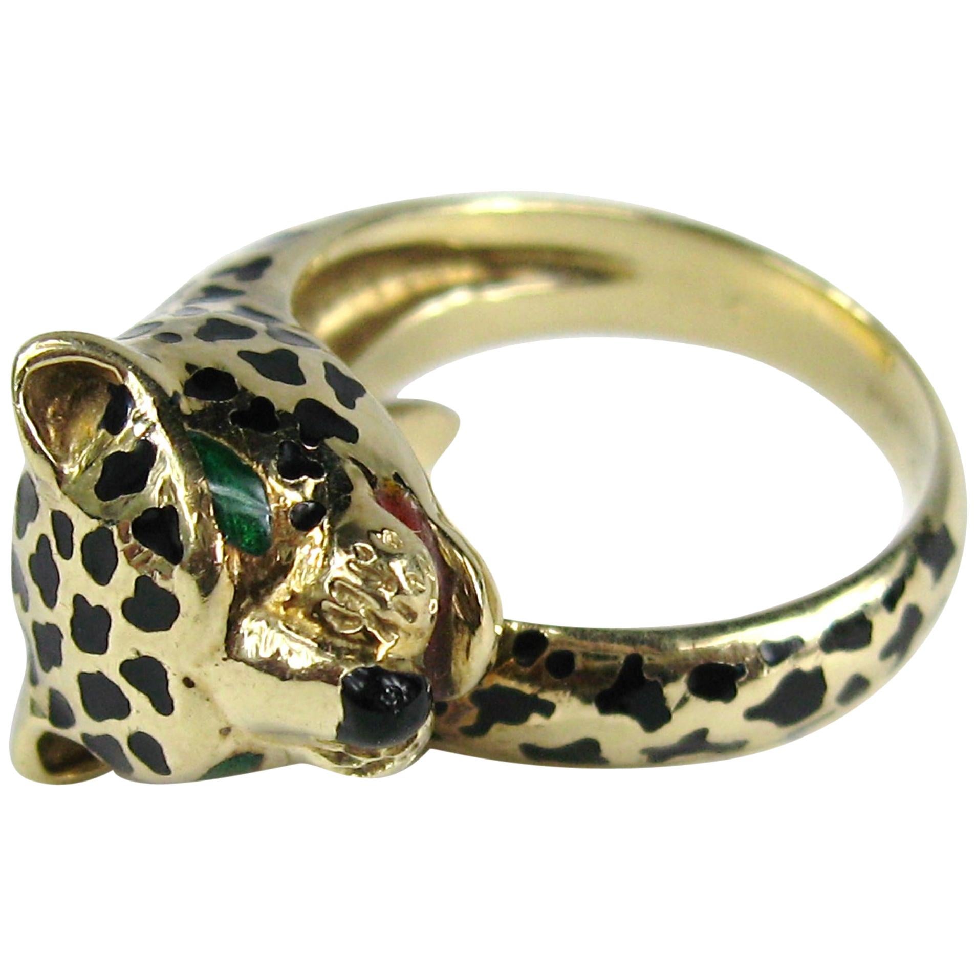 Enamel 14 Karat Gold Leopard Head Wrap Ring For Sale