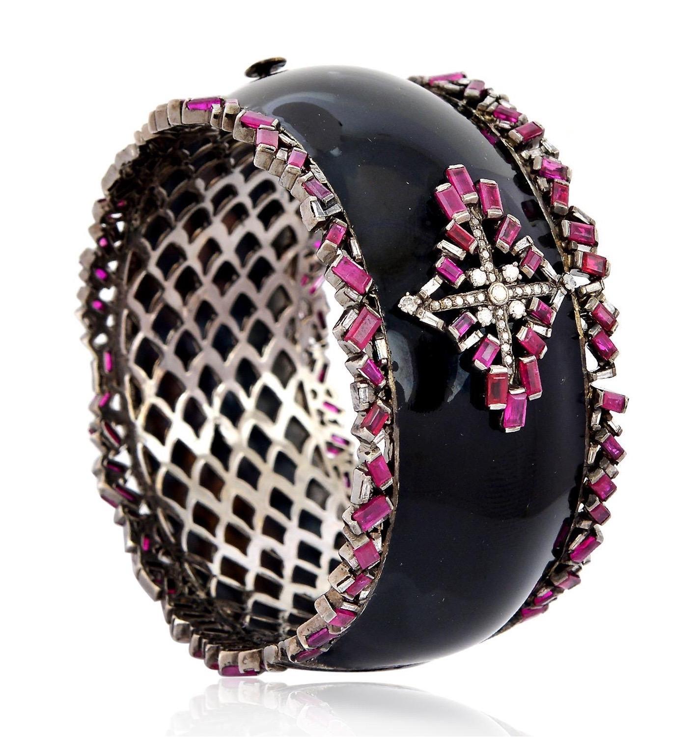 Artisan 14.31 Carat Ruby Diamond Baguette Enamel Bracelet Cuff For Sale