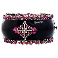 14.31 Carat Ruby Diamond Baguette Enamel Bracelet Cuff