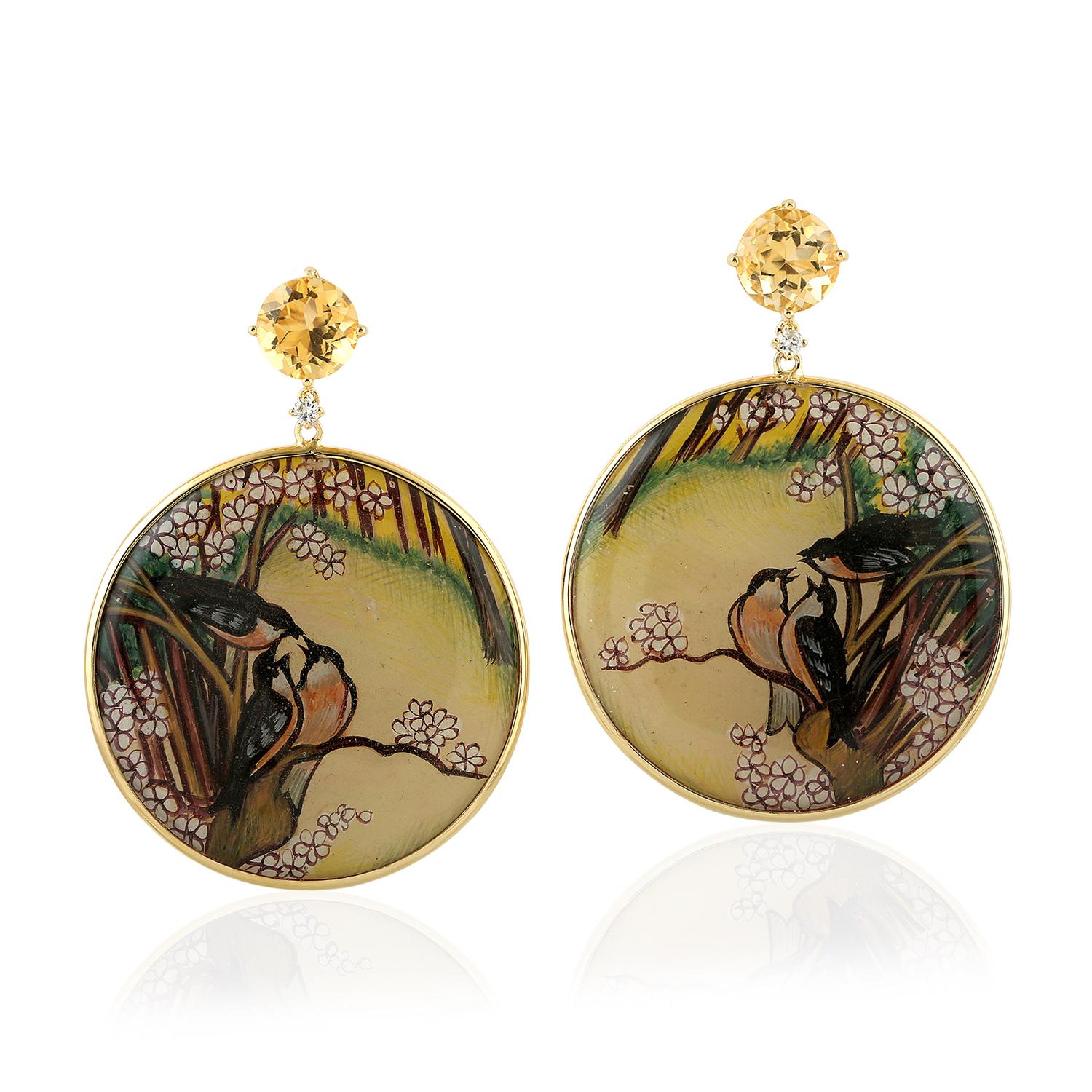 These beautiful earrings features unique hand painted miniature art in 18K gold.  It is set in 40.6 carats bakelite, 6.7 carats citrine & .13 carats diamonds.

FOLLOW  MEGHNA JEWELS storefront to view the latest collection & exclusive pieces. 