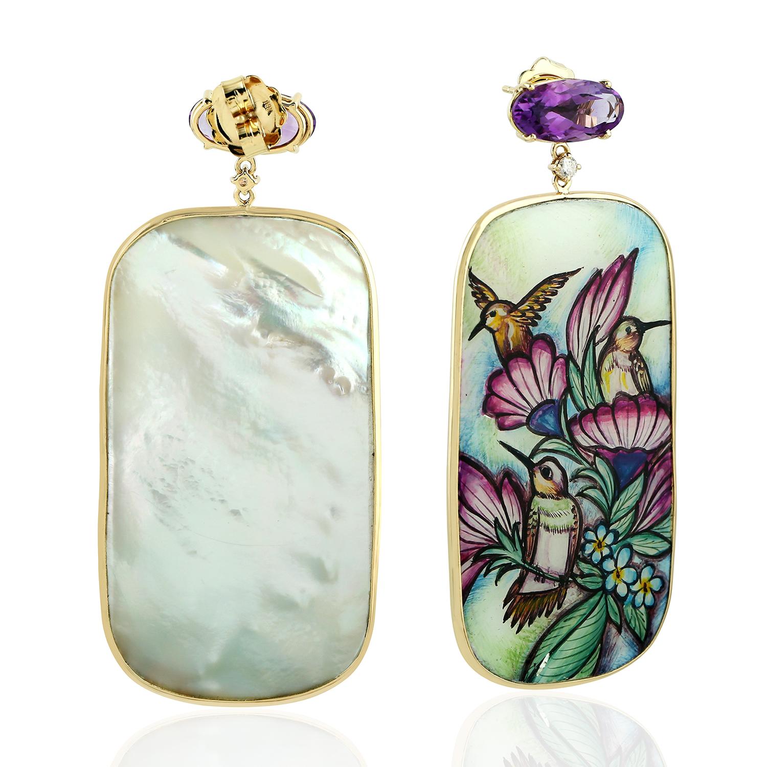 Artisan Enamel Hand Painted Diamond Amethyst 18 Karat Gold Earrings For Sale