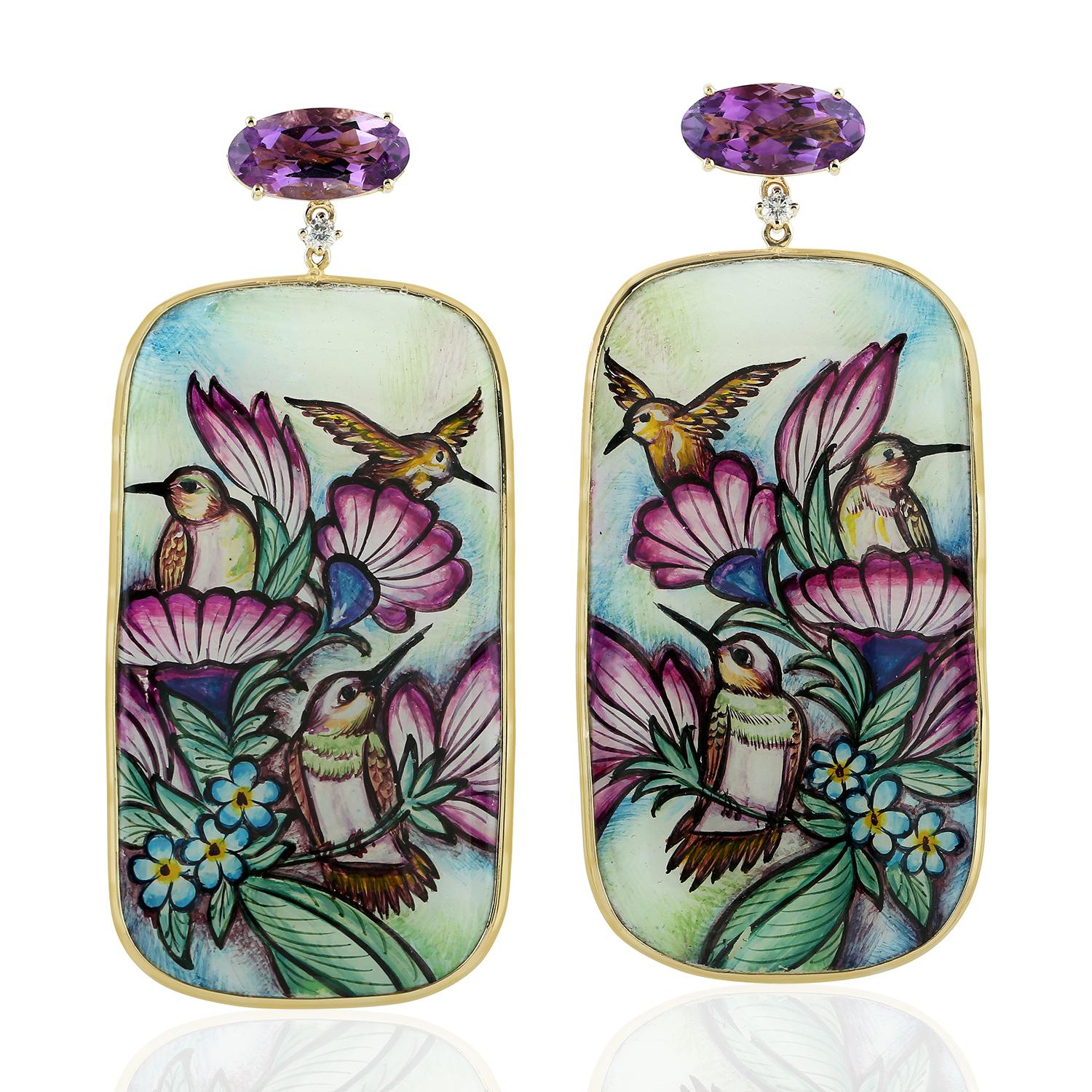 Mixed Cut Enamel Hand Painted Diamond Amethyst 18 Karat Gold Earrings For Sale